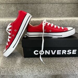 Red Low Top Converse, brand new in box size 9